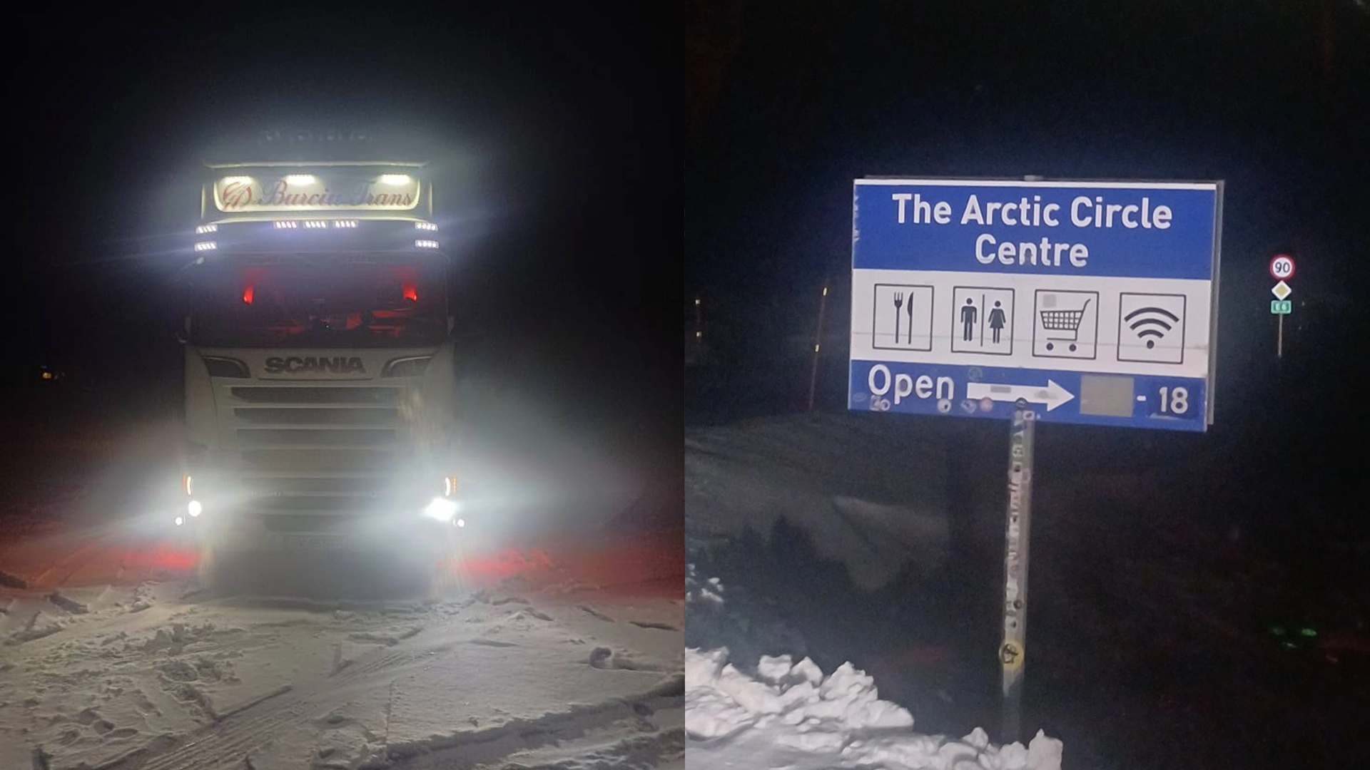 Camion Scania Burciu Trans în condiții de noapte și zăpadă